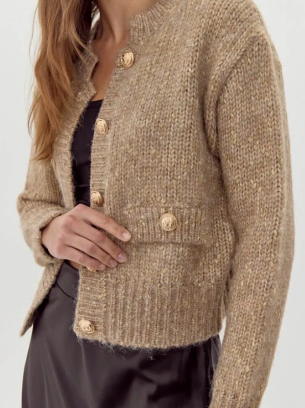 Jodifl Preppy Knit Classic Button-Front Oversized Crop Sweater Cardigan - Beige